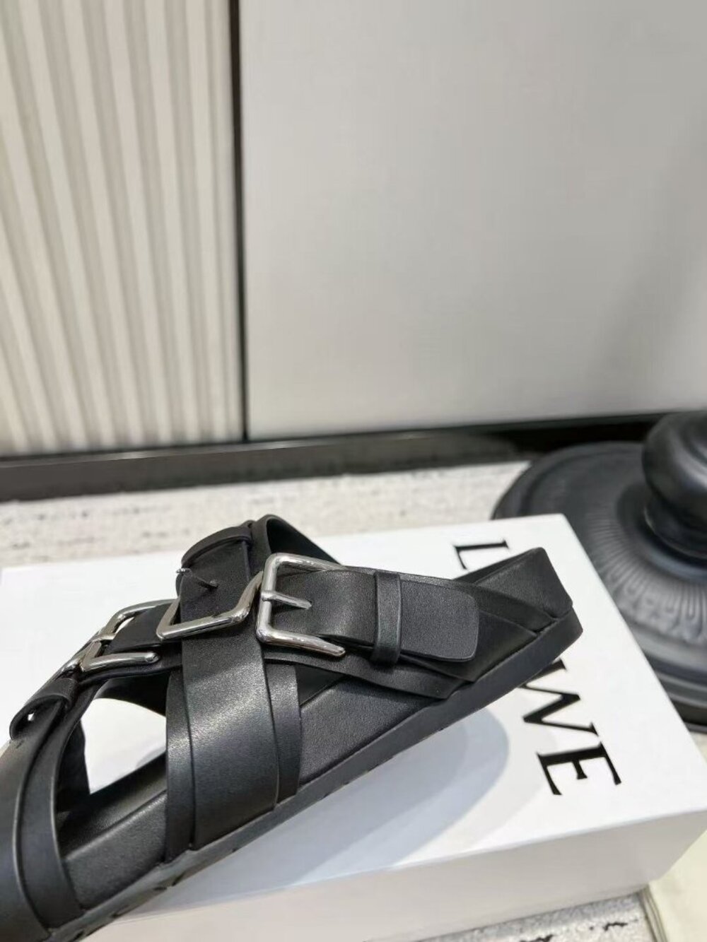 Loewe Black Leather Multi‑Strap Crisscross Buckle Slide Sandals - Picture 7 of 9